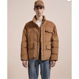 FOUND Corduroy Puffer Jacket Brown Quilted Zip Front Stand Collar Unisex Medium